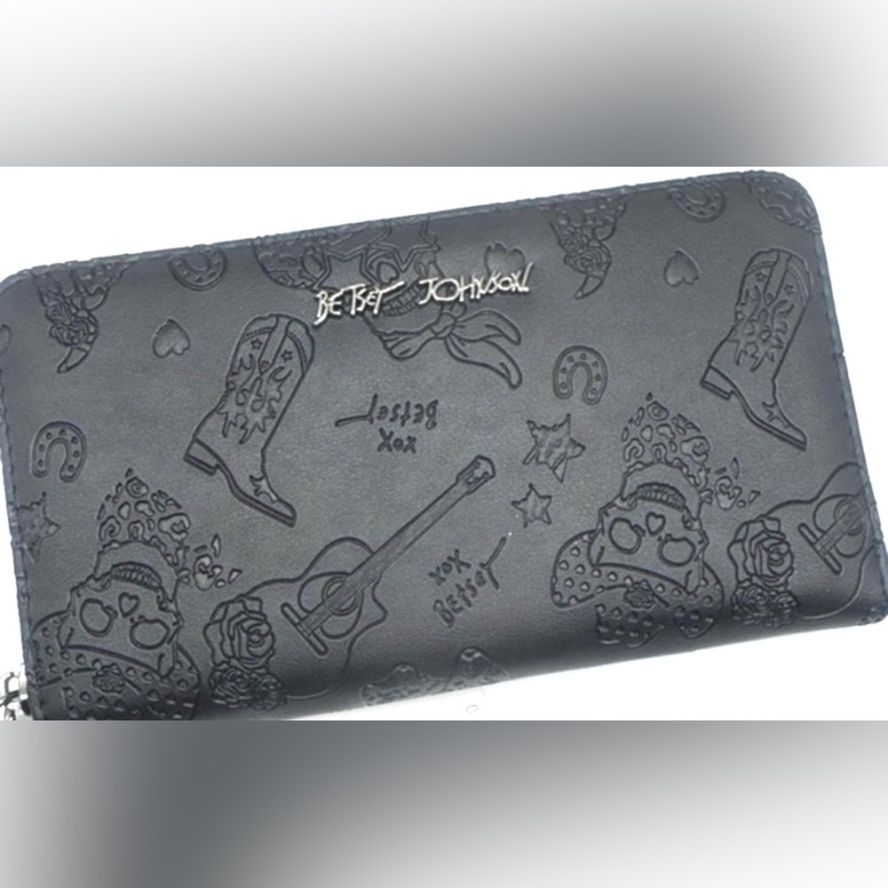 ☠️Betsey Johnson Black Cowboy Boots Skulls Guitars Embossed Wallet/Wristlet☠️NWT
